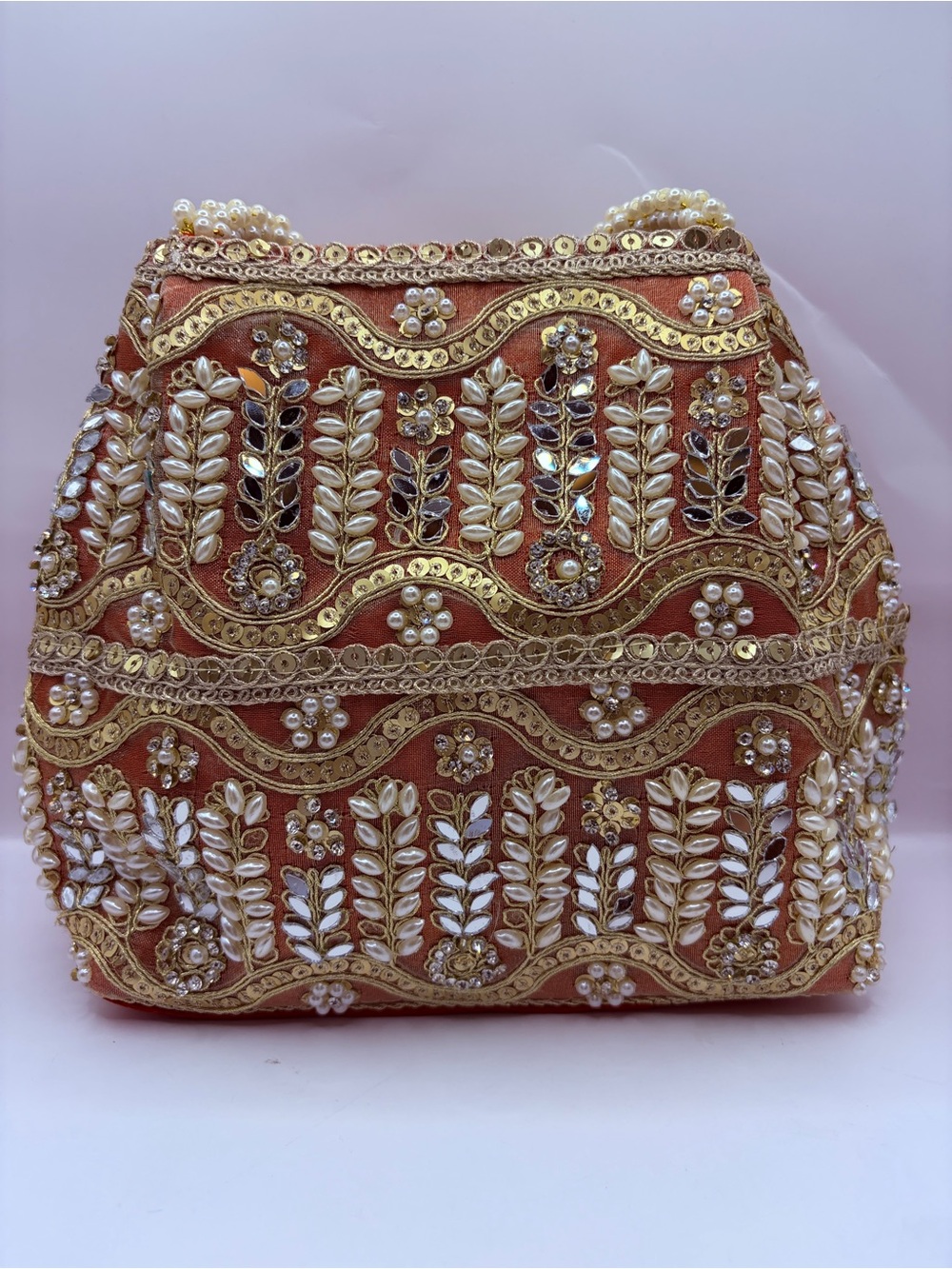 Embellished Red Kundan Women's Potli Bag with Pearl & Mirror Work